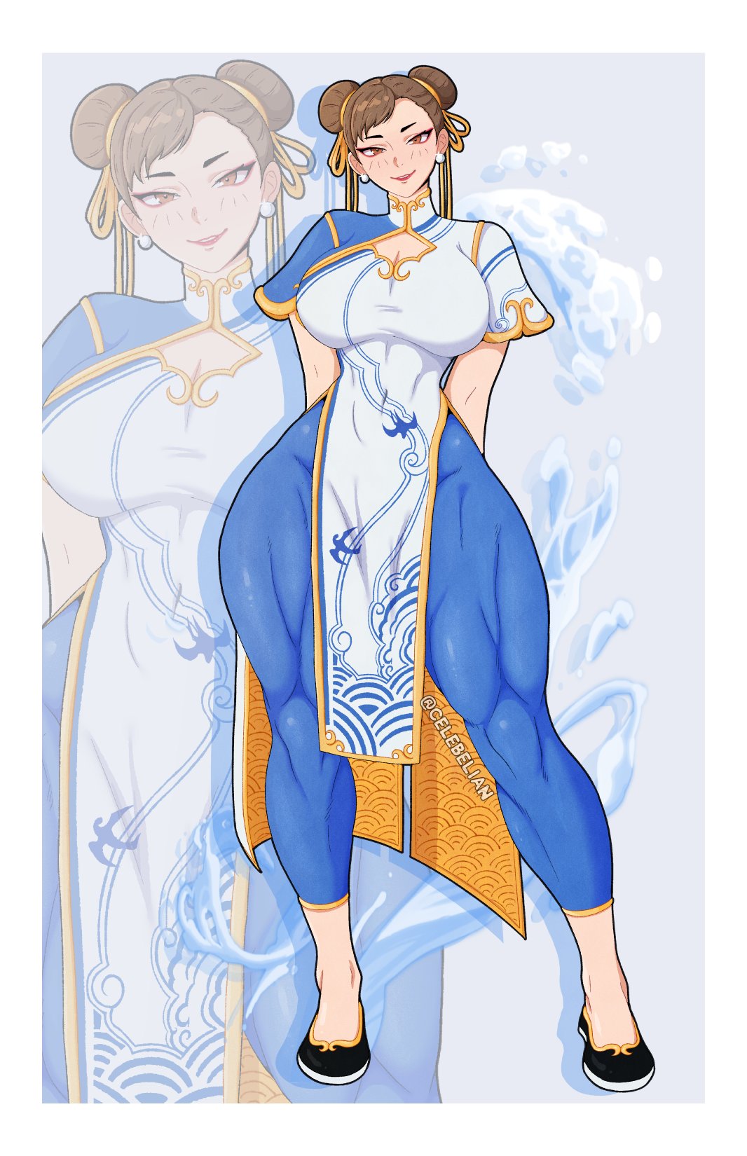 1girls, 2025, 2d, 2d (artwork), asian, asian female, breasts, brown eyes, brown hair, celebelian, chun-li, chun-li (street fighter 6), clothed, clothed female, clothing, female, female only, fully clothed, hair buns, human, human only, light skin, light-skinned female, looking at viewer, mature female, milf, muscular, muscular female, questionable, sfw, smile, smiling at viewer, solo, solo female, standing, street fighter, street fighter 6, thick thighs, tights, white border