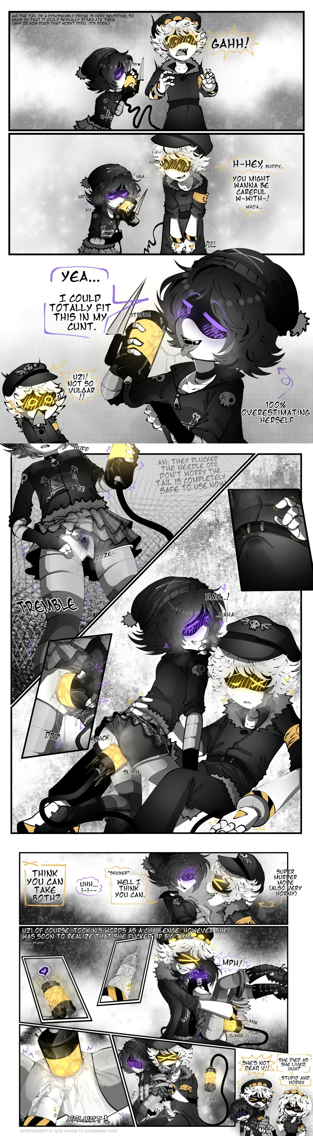 1boy, 1girls, 2d, anal, anal penetration, anal sex, ass, claws, clothed sex, comic, covering mouth, cum, cum in ass, cum inside, double penetration, english text, female, female penetrated, fucked silly, glitch productions, humanoid, humanoid female, humanoid male, male, male penetrating, male penetrating female, moistyghosty, monochrome, murder drones, n (murder drones), passed out, penetration, purple eyes, pussy, pussy juice, robot, robot boy, robot girl, robot humanoid, screen face, sex, short hair, size difference, smaller female, straight, tail, tail in pussy, tail insertion, tail sex, tailplay, talking, talking to partner, text, underwear around one leg, uzi (murder drones), v (murder drones), vagina, vaginal penetration, vaginal sex, x-ray, yellow eyes