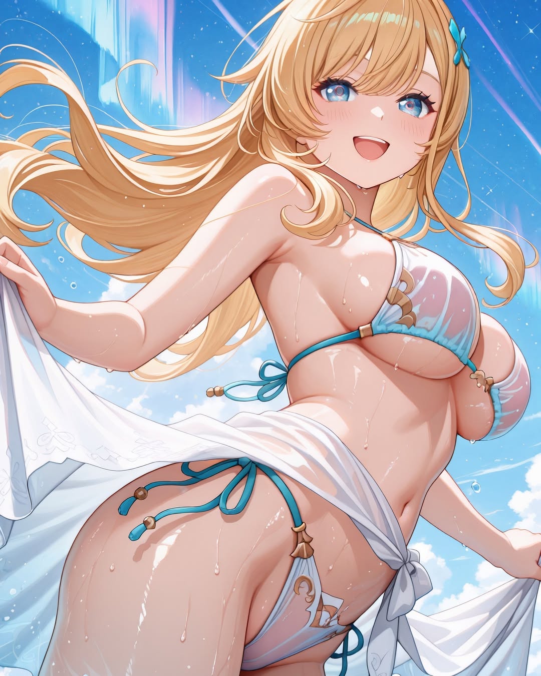 1girls, 2025, ai generated, beach, belly, bikini under clothes, blonde eyebrows, blonde female, blonde girl, blonde hair, blonde-haired female, blowing hair, blue eyes, blush, breasts, escoffier (genshin impact), eyebrows visible through hair, female, flower in hair, genshin impact, hair blowing, hands on towel, instagram, looking at viewer, navel, not porn, open mouth, orange cheeks, pekoillust, smile at viewer, smiling at viewer, tummy, wet bikini, wet body, wet skin, white bikini