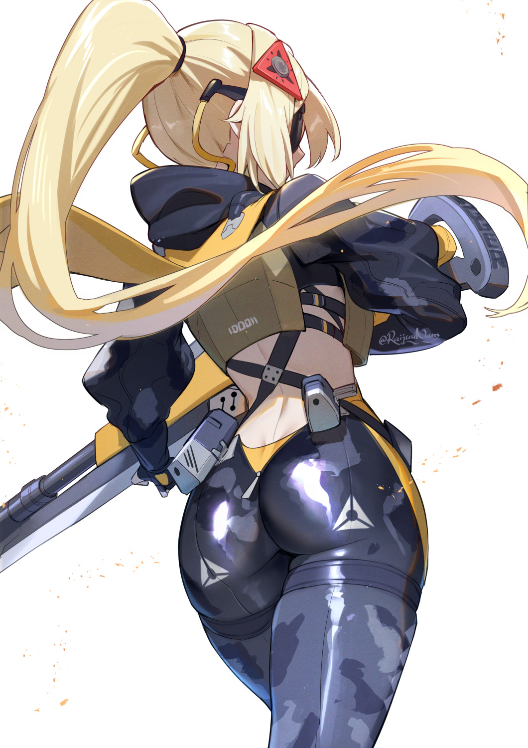 1girls, ass, back, black gloves, black pants, black shrug, blonde hair, breasts, camouflage, commentary, english commentary, eye mask, female, female only, fingerless gloves, gloves, gun, hair ornament, highres, large breasts, long hair, long sleeves, midriff, pants, raijuu (bakanara), rifle, shrug (clothing), sniper rifle, tactical clothes, thighs, tight clothes, tight pants, trigger (zenless zone zero), weapon, zenless zone zero