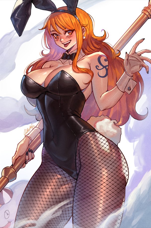 animal_ears black_bunnysuit black_leotard black_nails breasts bunny_ears bunny_girl bunny_tail bunnysuit clima-tact clothing commentary cropped_legs detached_collar earrings english_commentary female female_only fishnet_pantyhose fishnets highleg highleg_leotard jewelry large_breasts leotard long_hair nami_(one_piece) one_piece orange_hair pantyhose pearl_earrings playboy_bunny rabbit_ears rabbit_tail rattlepool shoulder_tattoo solo standing strapless strapless_leotard tail tattoo tongue tongue_out wrist_cuffs
