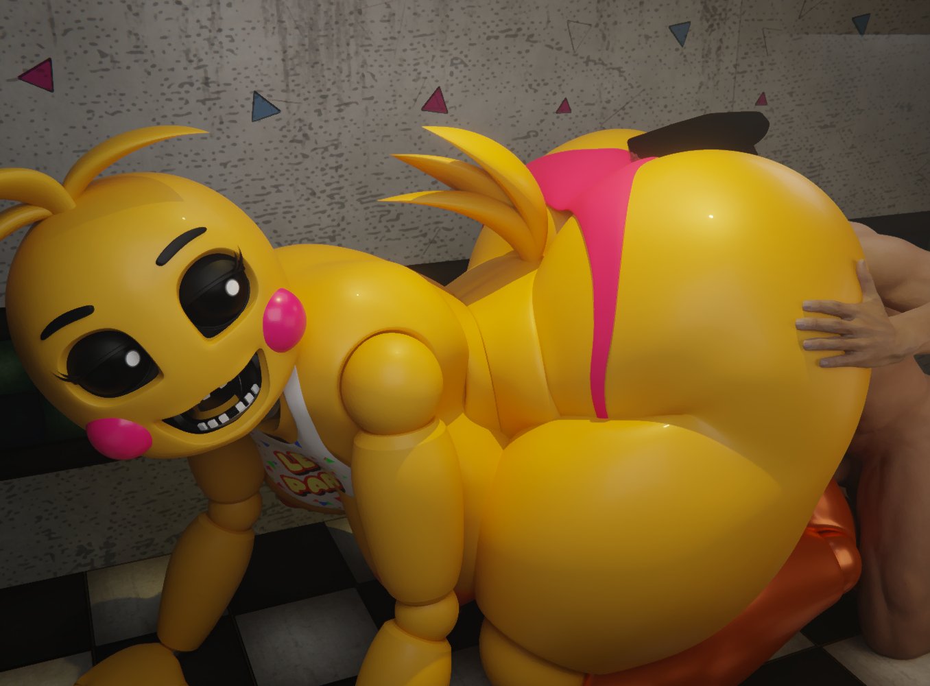 1boy, 1girls, 3d, ass eating, big ass, chica (fnaf), face in ass, female, five nights at freddy's, five nights at freddy's 2, huge ass, looking back, male, runaboo chica, straight, thick ass, thick thighs, toy chica (fnaf), vensaku