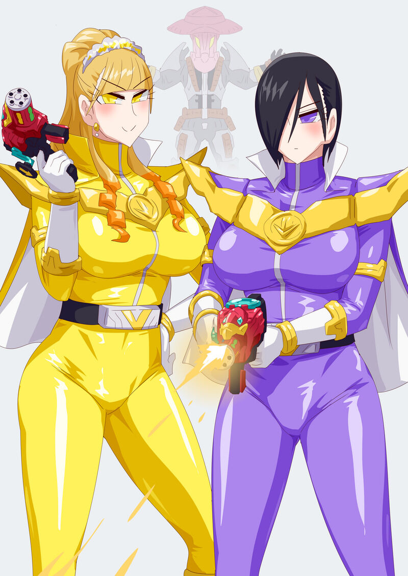 2girls black_hair cape female kanisuka_rita kikai_sentai_zenkaiger long_hair ohsama_sentai_king-ohger otokam1117 purple_eyes ran_himeno shooting super_sentai superheroine yellow_eyes yellow_hair