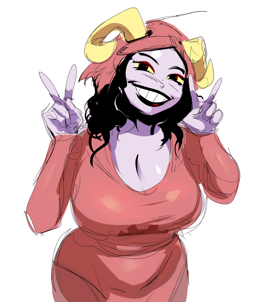 aradia_megido black_hair cleavage clothed_female clothing curvaceous double_v female female_only grey_skin homestuck horns large_breasts lysanthum smile yellow_sclera