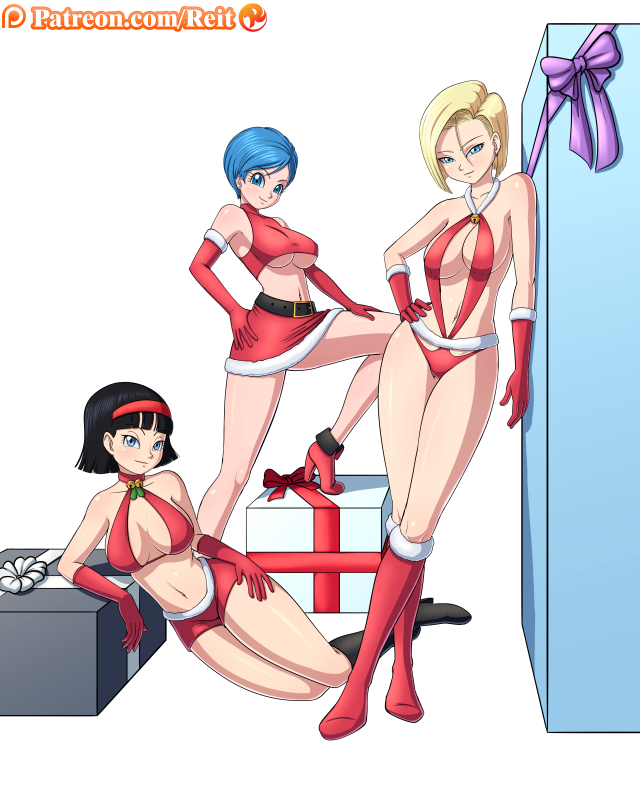 3girls, android 18, big breasts, boots, breasts, bulma briefs, christmas, cleavage, dragon ball, dragon ball super, female, gift, milf, present, reit, underboob, videl