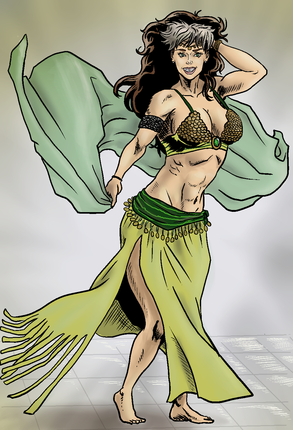 abs anna_marie athletic_female belly_dancer belly_dancer_outfit brown_hair cleavage fit_female green_eyes harem_girl harem_outfit large_breasts long_hair marvel marvel_comics multicolored_hair rogue_(x-men) turkenjamez white_hair x-men