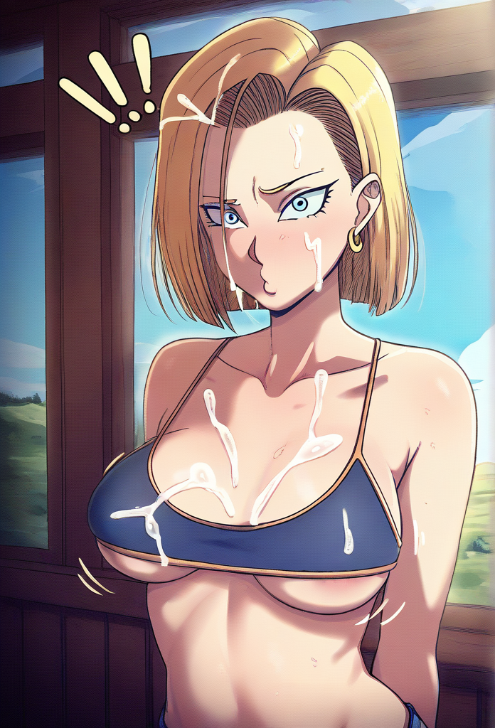 ai_generated android android_18 blonde_female blonde_hair cum cum_on_body cum_on_face cumshot dragon_ball dragon_ball_super dragon_ball_z midriff pixelsin