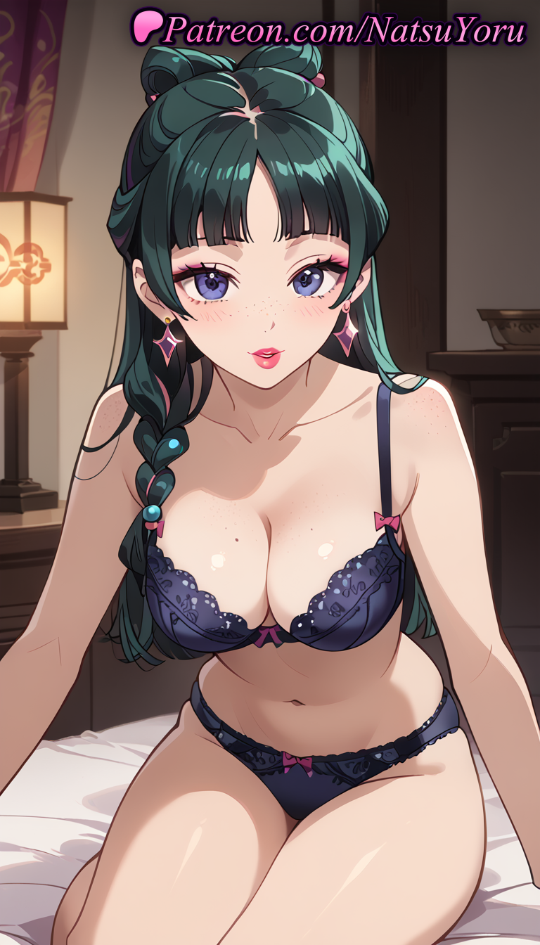 1girls ai_generated anime anime_style bangs bare_shoulders beads bed black_bra blue_eyes blush bow bow_bra bow_panties bra braid breasts bust busty cleavage collarbone earrings eyeshadow female female_focus female_only freckles green_hair hair_beads hair_bun hair_ornament hentai indoors jewelry kusuriya_no_hitorigoto lamp large_breasts lipstick long_hair looking_at_viewer makeup maomao_(kusuriya_no_hitorigoto) medium_breasts mole mole_on_breast natsuyoru navel on_bed panties parted_lips purple_eyes red_lips sitting solo solo_female stomach thighs underwear underwear_only voluptuous voluptuous_female