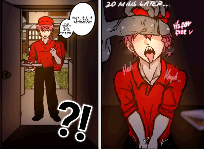 2boys, 2koma, background, balls, big balls, big penis, blue lock, braid, braided hair, color, colored, comic, comic strip, covering crotch, dialogue, english text, femboy, gay, grey body, hat, kurona ranze, male, male only, night, onomatopoeia, penis, penis on face, pink eyes, pink hair, pizza, pizza box, pizza delivery, shark teeth, submissive male, teasing, tongue out, trembling, trembling for pleasure