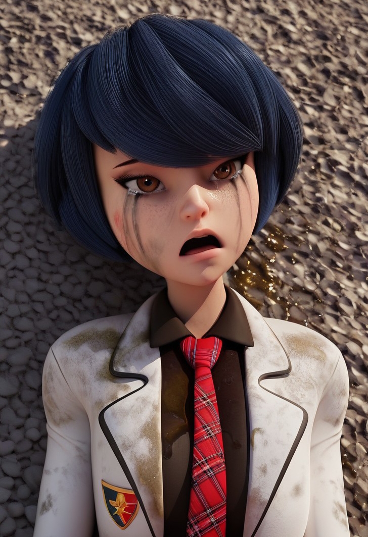 ai_generated bangs black_shirt blue_hair brown_eyes crying defeated dirty dirty_clothing empty_eyes kagami_tsurugi mascara mascara_tears miraculous_ladybug peeing rape red_necktie ruined_makeup runny_makeup school_uniform sex short_hair slut urination urine white_suit