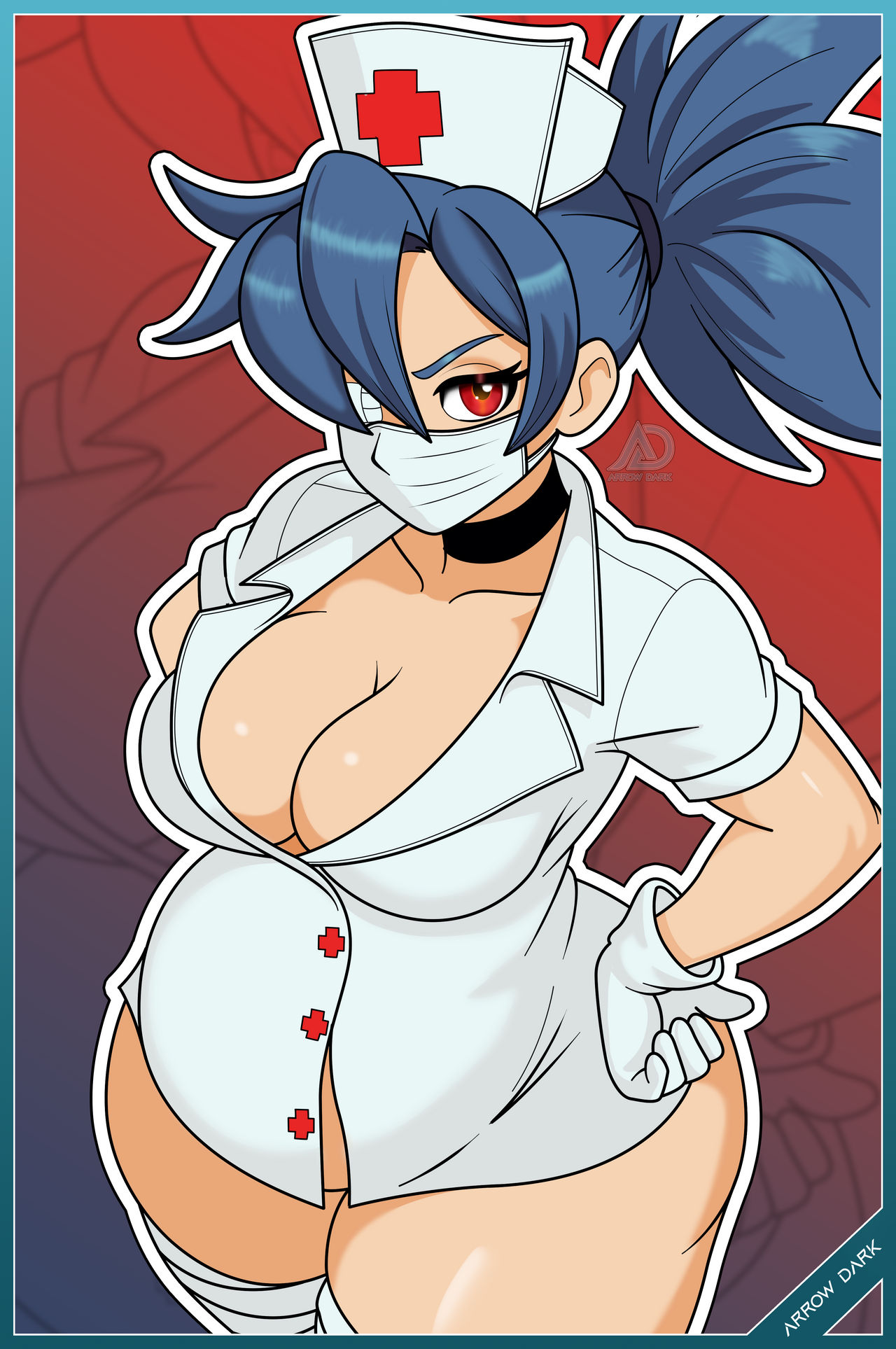 arrowdark, blue hair, blue hair female, busty, busty female, busty girl, covered eye, nurse, nurse uniform, pregnant, pregnant belly, pregnant female, red eyes, red eyes female, skullgirls, valentine (skullgirls)