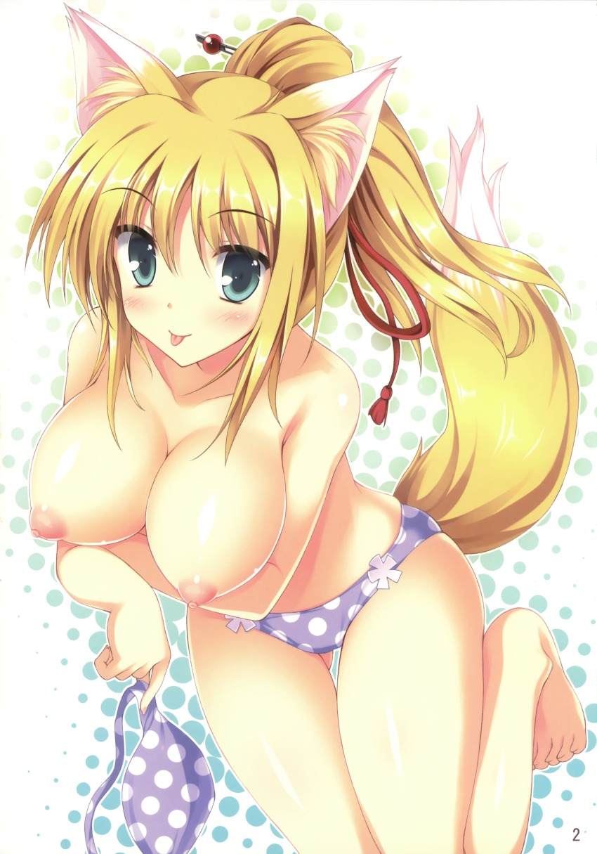 :p absurdres animal_ears aqua_eyes bare_shoulders barefoot bikini bikini_top_removed blonde_hair breast_hold breasts dog_days female fox_ears fox_tail hair_ornament large_breasts long_hair nipples polka_dot polka_dot_bikini polka_dot_swimsuit ponytail puffy_nipples solo swimsuit tail tateha_(artist) tateha_(marvelous_grace) tied_hair tongue tongue_out topless yukikaze_panettone