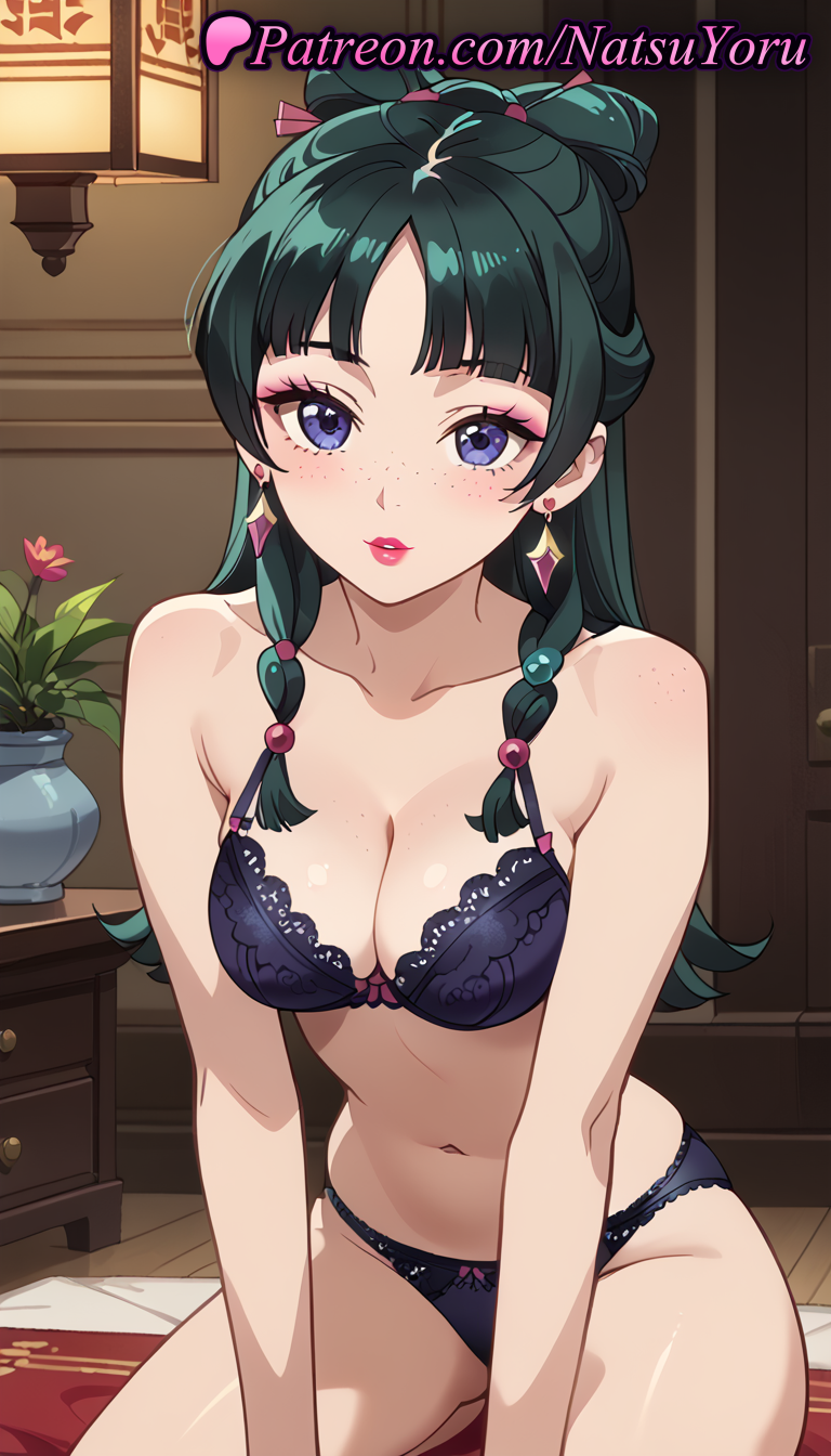 1girls ai_generated anime anime_style bangs bare_shoulders black_bra black_panties blue_eyes blush bow_panties bra breasts bust busty cleavage collarbone earrings eyeshadow female female_focus female_only flower freckles green_hair hair_bun hair_ornament hentai indoors jewelry kusuriya_no_hitorigoto lace-trimmed_bra lingerie lipstick long_hair looking_at_viewer makeup maomao_(kusuriya_no_hitorigoto) medium_breasts mole natsuyoru navel panties parted_lips plant potted_plant purple_eyes red_lips sitting solo solo_female stomach underwear underwear_only vase voluptuous voluptuous_female