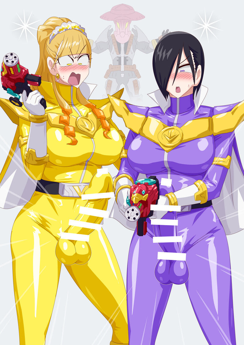 2futas black_hair cape dick female_to_futa futanari futanari_transformation kanisuka_rita kikai_sentai_zenkaiger long_hair ohsama_sentai_king-ohger otokam1117 purple_eyes ran_himeno shooting super_sentai superheroine yellow_eyes yellow_hair