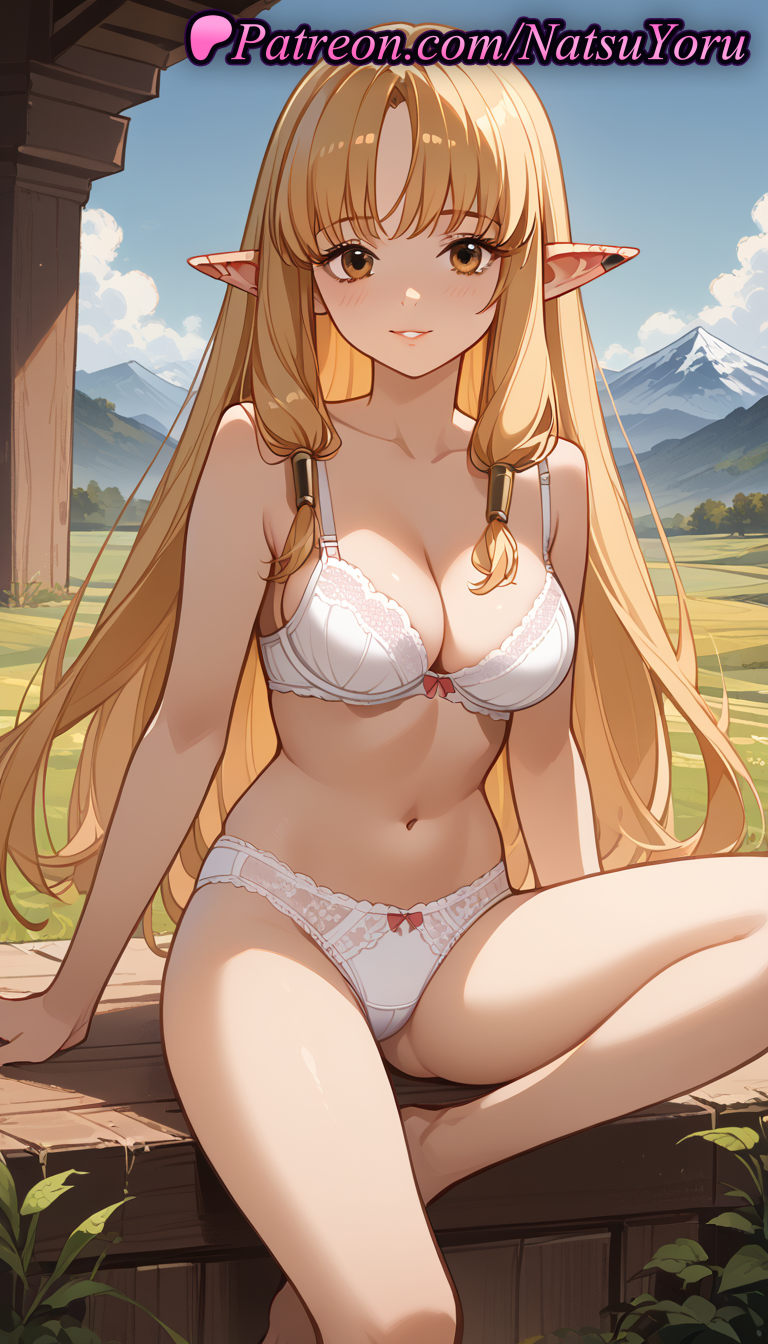 1girls ai_generated anime anime_style bangs bare_arms bare_legs bare_shoulders barefoot blonde_hair blue_sky blush bow bow_bra bow_panties bra breasts brown_eyes bust busty cleavage closed_mouth cloud collarbone day ear_piercing earclip elf female female_focus female_only foot_out_of_frame frieren_beyond_journey's_end hair_tubes hentai knee_up lace-trimmed_bra lace-trimmed_panties lace_trim long_hair looking_at_viewer medium_breasts mountain mountainous_horizon natsuyoru navel outdoors panties parted_bangs parted_lips piercing pointy_ears red_bow serie_(sousou_no_frieren) sidelocks sitting sky smile solo solo_female sousou_no_frieren stomach thighs underwear underwear_only very_long_hair voluptuous voluptuous_female white_bra white_panties yellow_eyes