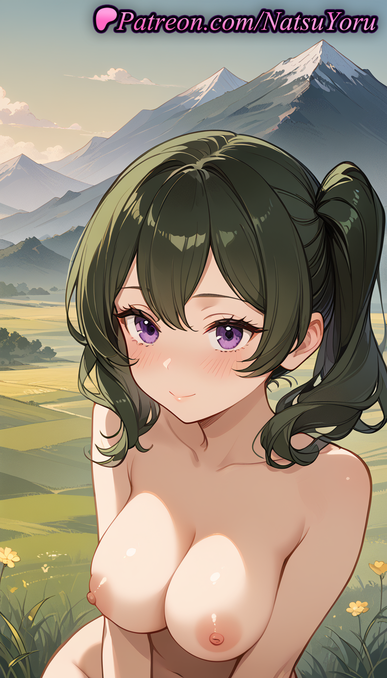 1girls ai_generated anime anime_style bangs blush breasts bust busty cleavage closed_mouth cloud collarbone completely_nude female female_focus female_only field flower frieren_beyond_journey's_end grass green_hair hair_between_eyes hentai large_breasts long_hair looking_at_viewer medium_hair mountain mountainous_horizon natsuyoru navel nipples nipples_outside nude nude_female outdoors purple_eyes side_ponytail sky smile solo solo_female sousou_no_frieren stomach twintails ubel_(sousou_no_frieren) upper_body voluptuous voluptuous_female yellow_flower