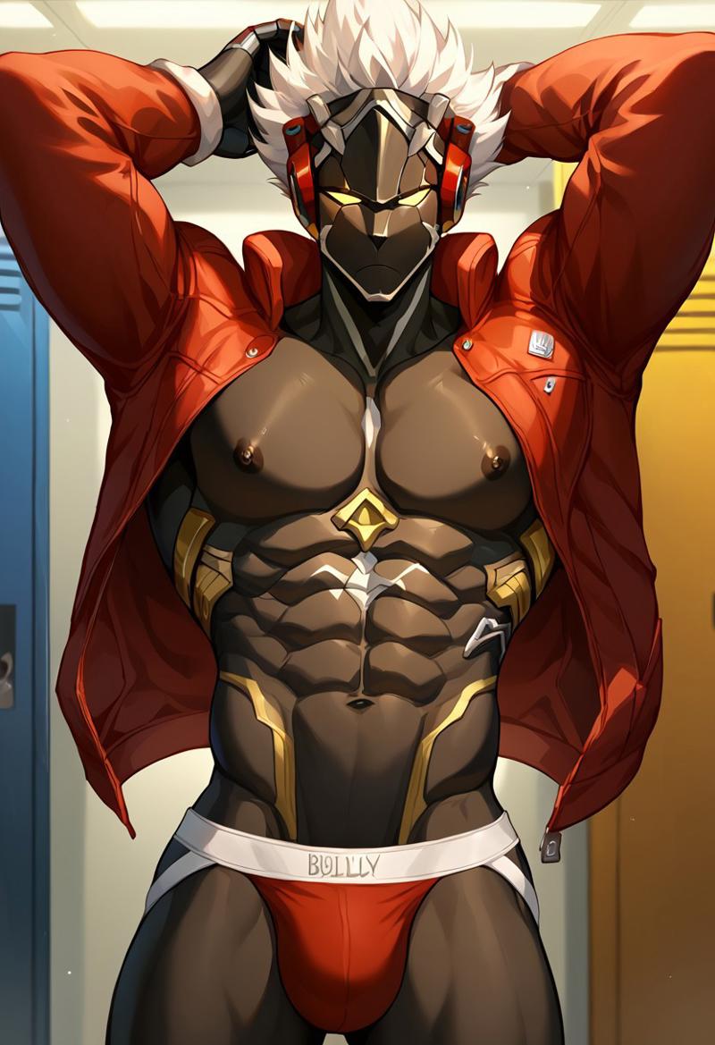 abs ai_generated arms_up biceps billy_kid_(zenless_zone_zero) black_skin blush dark-skinned_male dark_skin gay hand_on_head indoors jockstrap jockstrap_only looking_at_viewer male male_only muscular muscular_male nipples nude_male open_jacket pecs red_jacket solo solo_male toned_body toned_male twall97 white_hair yellow_eyes zenless_zone_zero