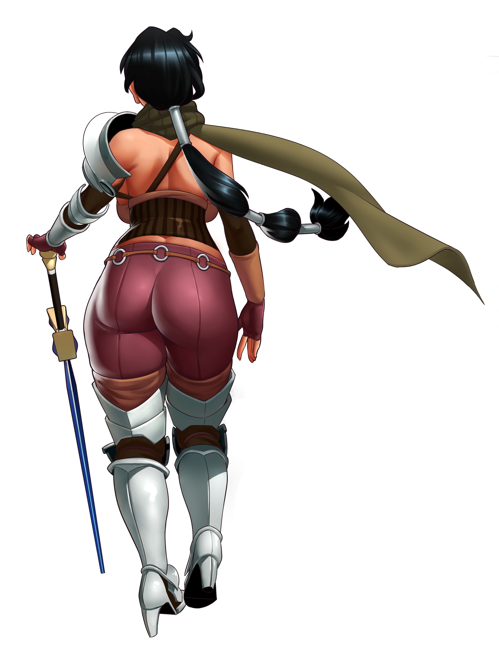 1futa, ass, backboob, black hair, boots, breasts, brown eyes, chubby, final fantasy, final fantasy xi, from behind, futa only, futanari, gloves, hair, huge ass, huge breasts, hume, intersex, kairuhentai, kairunoburogu, lockheart (oc), long hair, original character, scarf, solo futa, standing, sword, very long hair, warrior, weapon