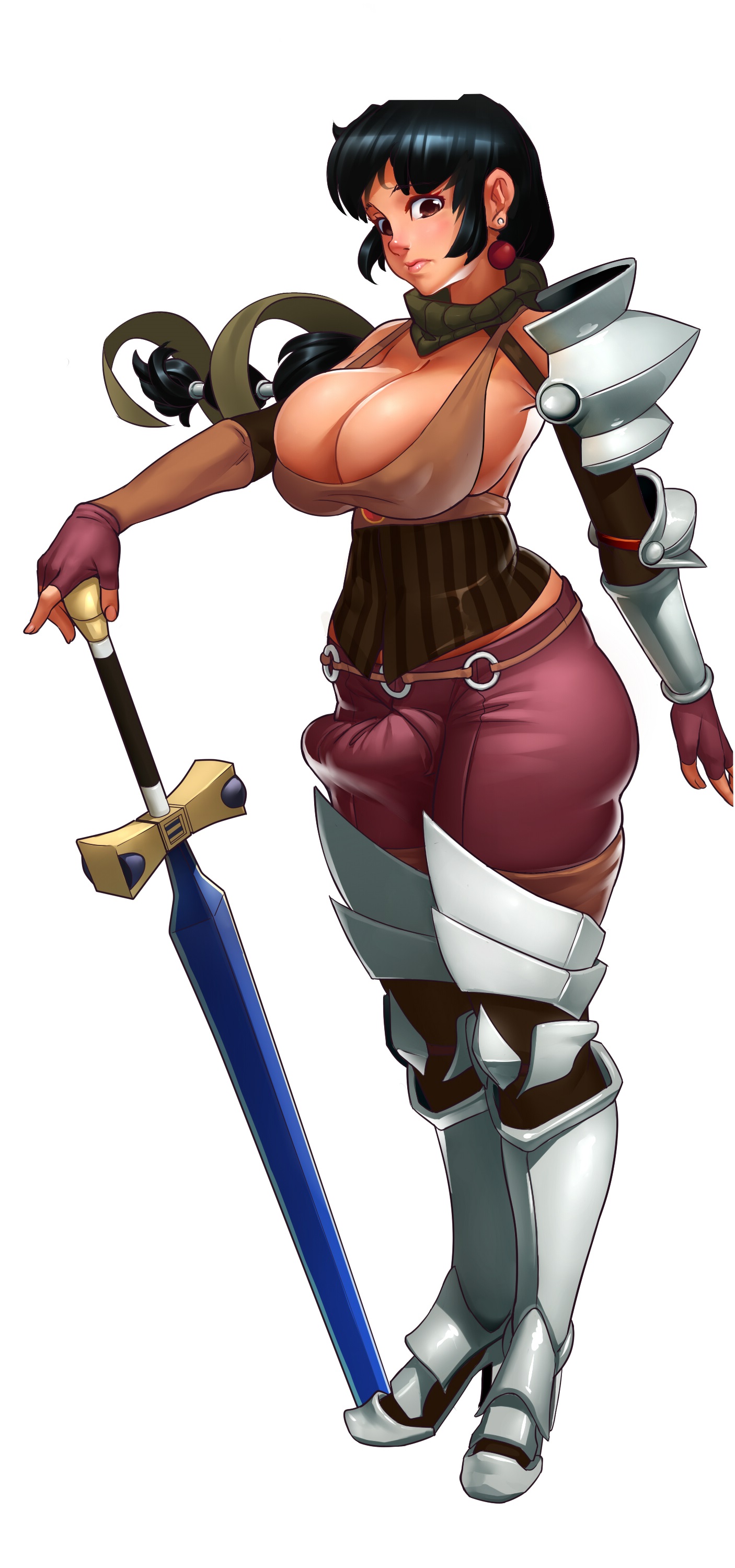 1futa, ass, black hair, boots, breasts, brown eyes, bulge, cameltail, chubby, cleavage, erect nipples, erection, erection under clothes, final fantasy, final fantasy xi, full length, full-length portrait, futa only, futa sans balls, futanari, gloves, hair, huge ass, huge breasts, hume, intersex, kairuhentai, kairunoburogu, large penis, lockheart (oc), long hair, nipple bulge, nipples, original character, penis, penis bulge, penis under clothes, portrait, scarf, sideboob, solo, solo futa, standing, sword, very long hair, warrior, weapon, wide hips