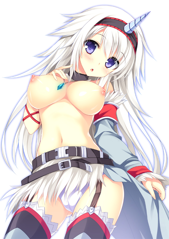 belt blue_eyes blush breasts buckle capcom elbow_gloves female garter_straps gloves hairband horn jewelry kirin_(armor) long_hair monster_hunter monster_hunter_4 navel nipples open_mouth pendant simple_background solo tateha_(artist) tateha_(marvelous_grace) thighhighs white_background white_hair