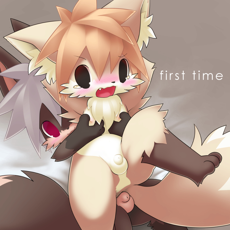 animal_genitalia balls blush canine cute fox fully_sheathed grab_from_behind kemono konzaburou male mammal sheath yaoi