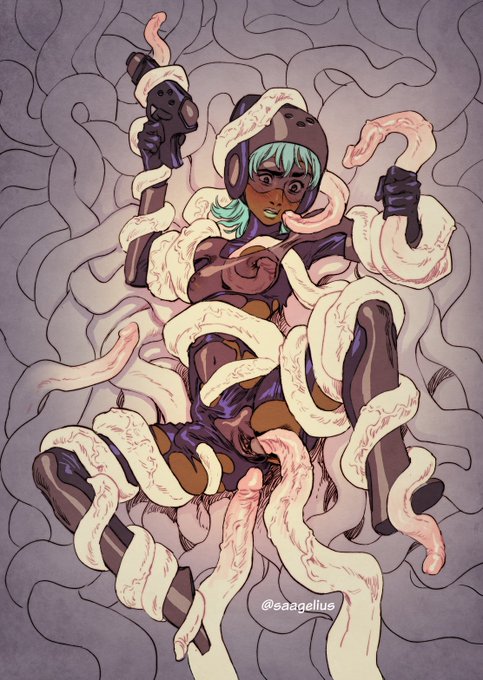 1girls, blue hair, breasts, cyberpunk, dark skin, dark-skinned female, female, grabbing breasts, imminent sex, ripped clothing, saagelius, sci-fi, tentacle, tentacle bondage, tentacle sex, under clothes
