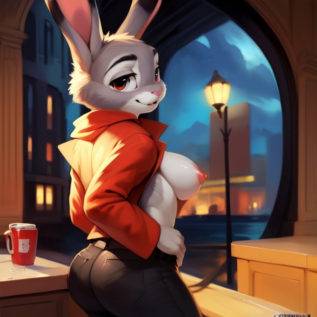 ai_generated anthro ass ass belly belly_button bent_forward bent_over black_pants blazer booty breasts breasts_out bunny bunny_girl bunny_tail city city_background diplive7 furry hands_to_sides judy_hopps lamp lamppost looking_at_viewer looking_back mood_lighting night nipples open_clothes open_shirt professional_clothes rabbit rabbit_girl red_blazer revealing revealing_breasts sideboob smile street streets tagme tits_out zootopia