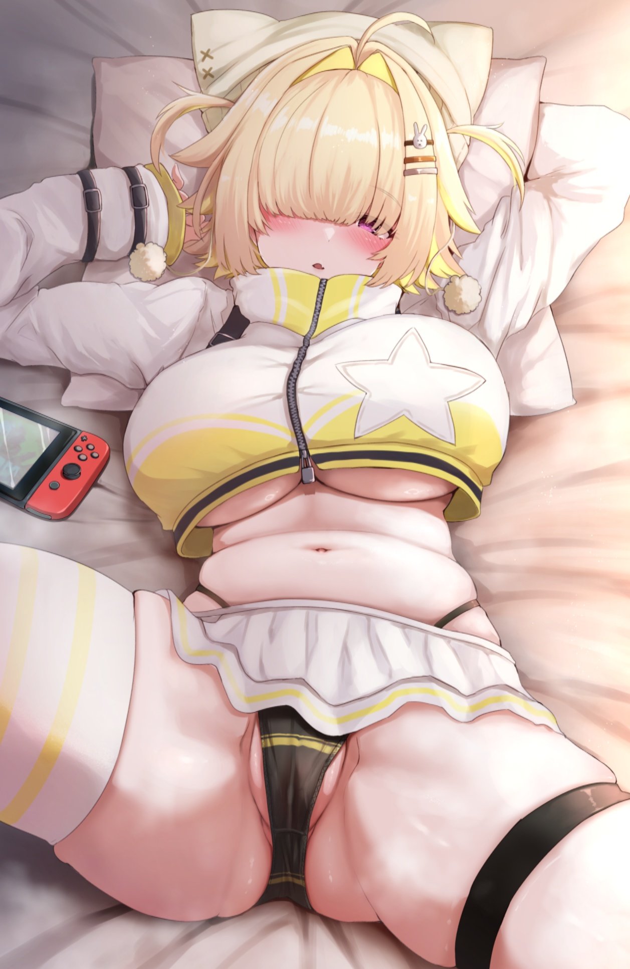 absurdres bed bed_sheet black_panties blonde_hair blush breasts cropped_jacket elegg_(nikke) female goddess_of_victory:_nikke hair_over_eyes highres jacket large_breasts lying miniskirt navel nintendo_switch on_back panties pillow purple_eyes short_hair single_thighhigh skirt solo spread_legs thighhighs thighs underboob underwear white_thighhighs yuu_cream