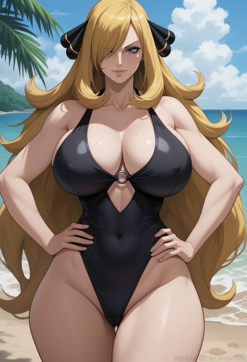 1girls ai_generated ambrose beach big_breasts blonde_hair cameltoe cynthia_(pokemon) grey_eyes hair_ribbon hands_on_hips one_piece_swimsuit pokemon self_upload smile stable_diffusion thick_thighs thigh_gap very_long_hair wide_hips