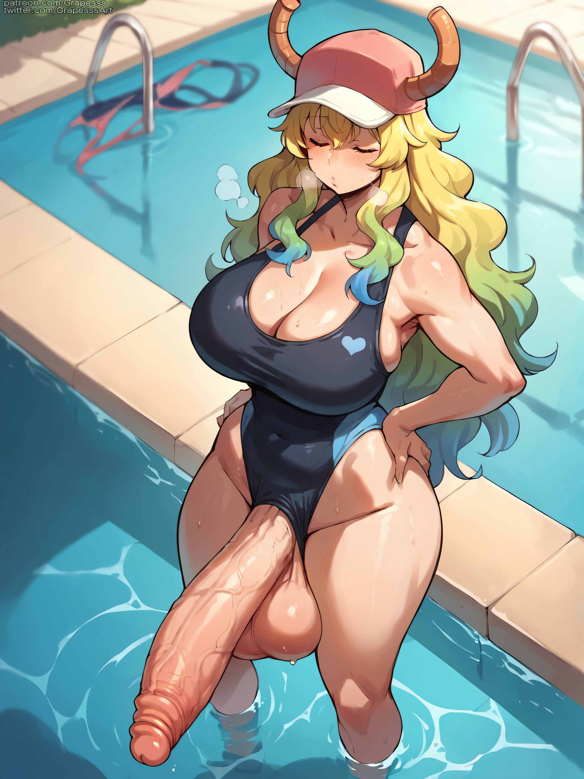 1futa, ai generated, ass, balls, big ass, big balls, blush, breasts, erect penis, erection, female, foreskin, futa only, futanari, grapesss, huge breasts, huge cock, intersex, kobayashi-san chi no maidragon, large penis, looking at viewer, lucoa, navel, nude, penis, testicles, thighs, uncensored, uncircumcised, veins, veiny penis
