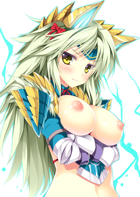 3: animal_ears blonde_hair blush breast_hold breasts capcom female hair_ornament hair_ribbon long_hair monster_hunter monster_hunter_4 nipples ribbon solo tateha_(artist) tateha_(marvelous_grace) upper_body yellow_eyes zinogre_(armor)