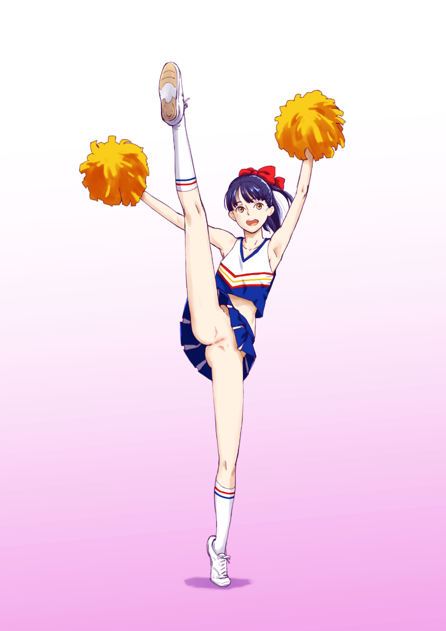 arms_up ass censored cheering cheerleader female gradient gradient_background kaburagi_yuki leg_lift leg_up nipple_bulge nipples_visible_through_clothing no_panties original pom_poms ponytail purple_hair pussy skirt solo standing standing_on_one_leg tied_hair vertical_splits white_background yellow_eyes