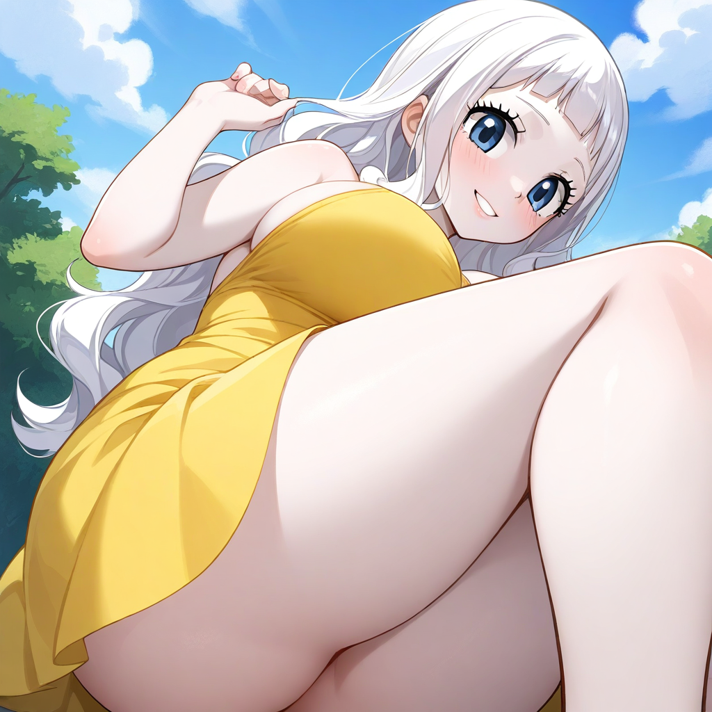 ai_generated big_breasts blue_eyes fairy_tail female female_only mirajane_strauss sensual short_bangs thick_thighs white_hair white_skin yellow_dress