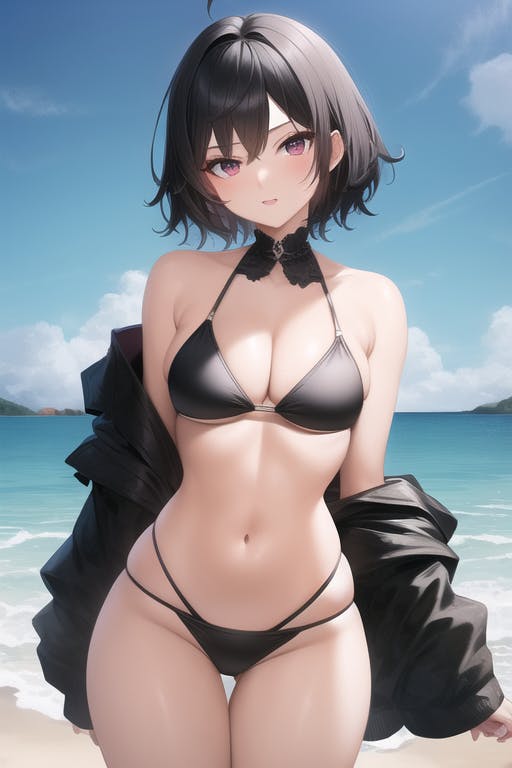 ai_generated beach black_bikini black_hair messy_hair open_mouth original purple_eyes seductive short_hair small_breasts wide_hips