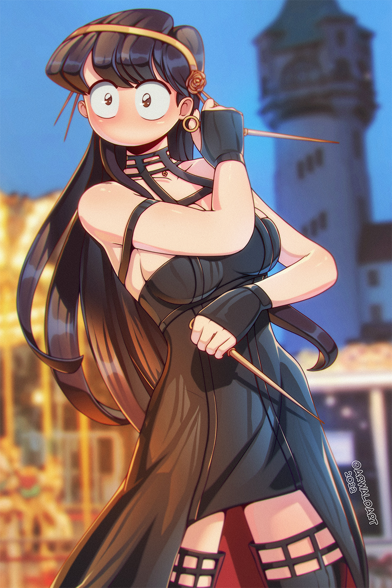 artist_name arwald bare_shoulders black_dress black_gloves black_hair black_thighhighs breasts brown_eyes collarbone commentary cosplay day dress english_commentary female fingerless_gloves gloves highres holding komi-san_wa_komyushou_desu komi_shouko long_hair looking_at_viewer medium_breasts no_mouth outdoors season_connection solo spy_x_family thighhighs two-sided_dress two-sided_fabric very_long_hair weapon yor_briar_(cosplay) yor_forger