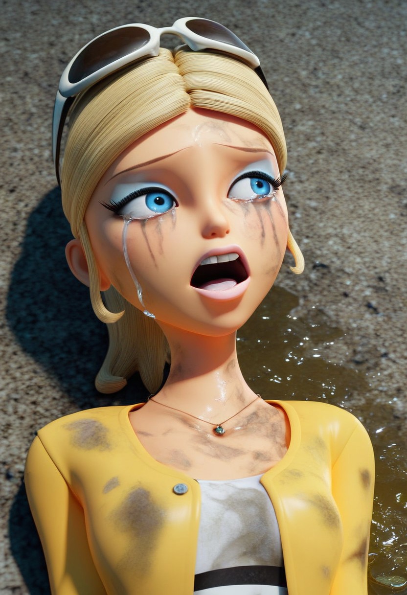 ahe_gao ai_generated blonde_hair blue_eyes chloe_bourgeois crying defeated dirty eyewear_on_head lying miraculous_ladybug necklace open_mouth peeing ponytail runny_makeup urination urine urine_on_ground wet_floor yellow_jacket