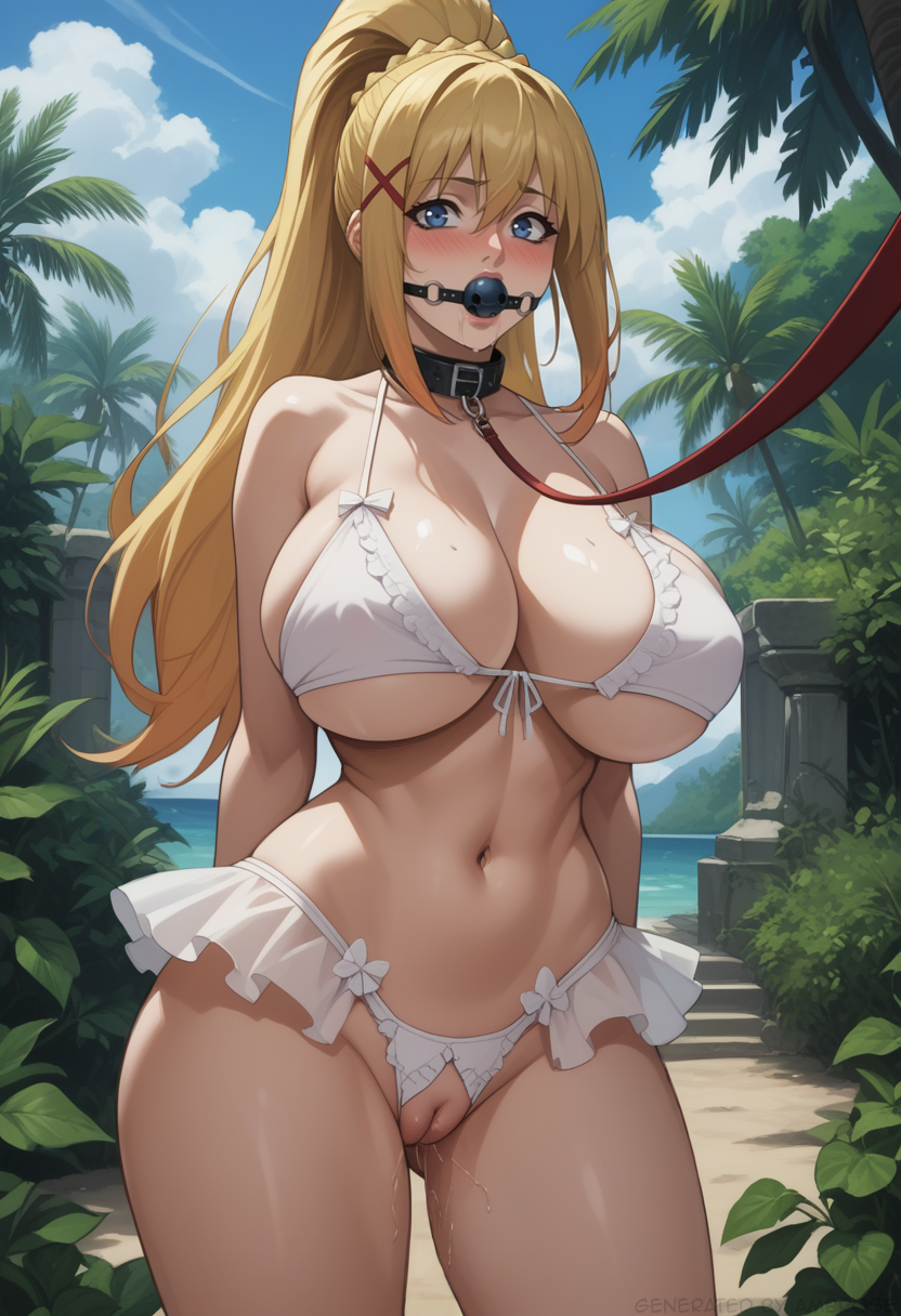 1girls ai_generated ambrose ball_gag beach big_breasts bikini blonde_hair blue_eyes blush bondage collar crotchless_bikini darkness_(konosuba) dripping_pussy drooling exhibitionism hair_tie hairless_pussy konosuba leash long_hair ponytail pussy_juice self_upload stable_diffusion thick_thighs wet_pussy wide_hips