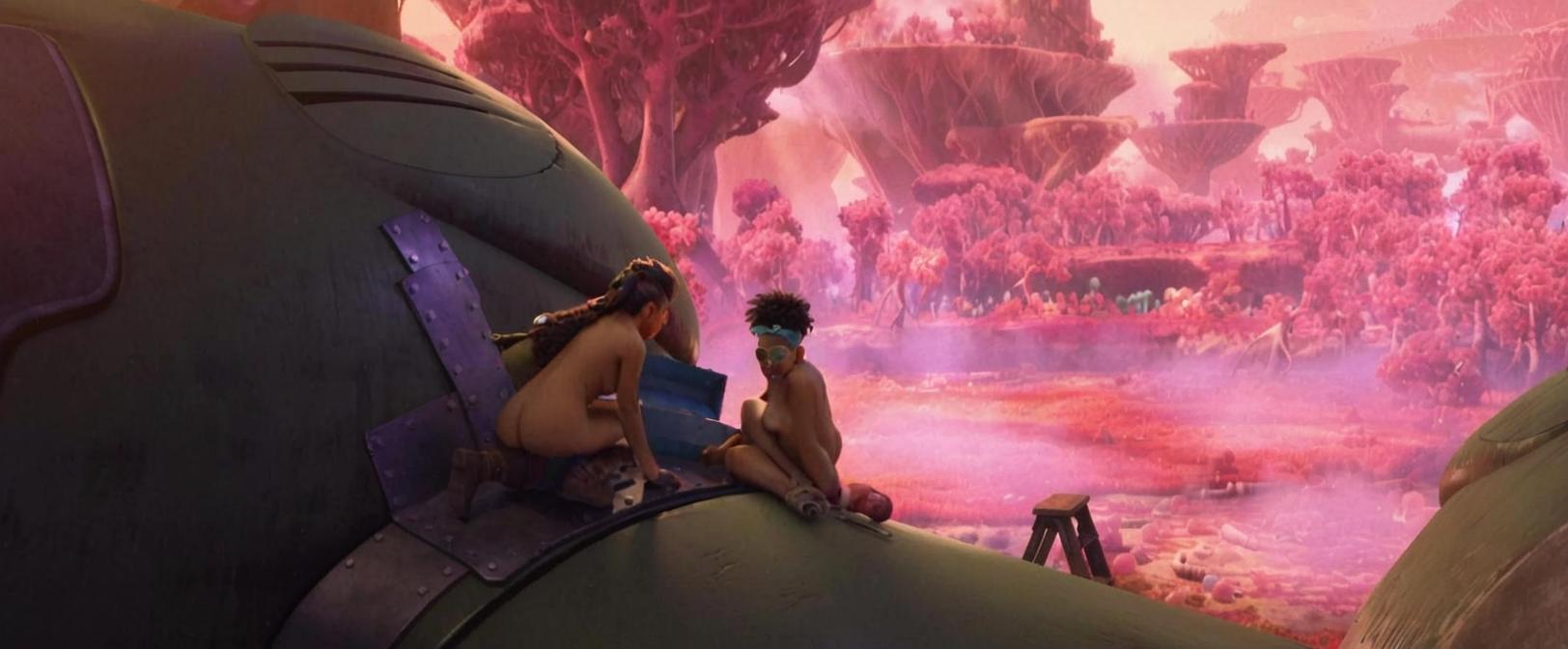 2girls ai_generated ass breasts callisto_mal dark-skinned_female disney meridian_clade nude screenshot_edit strange_world_(film)