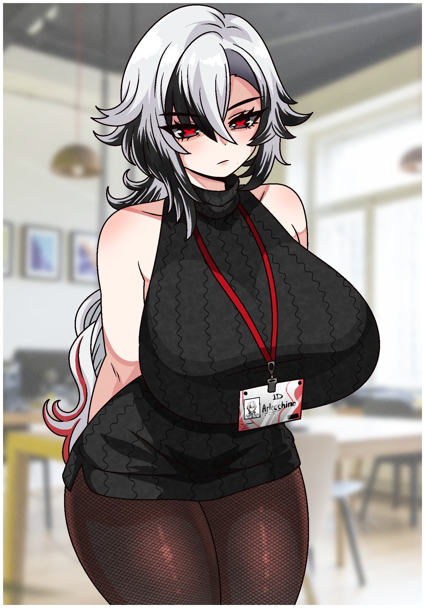 1female, 1girls, 2020s, 2026, 2d, 2d (artwork), arlecchino (genshin impact), big breasts, breasts, clothing, female, female focus, female only, fishnet pantyhose, fishnets, genshin impact, huge breasts, human, id card, lanyard, large boobs, large breasts, light-skinned female, looking down, multicolored hair, neckwear, office, office clothing, office lady, pale skin, pantyhose, seireiart, solo, solo female, solo focus, standing, thick thighs, thighs, video game character
