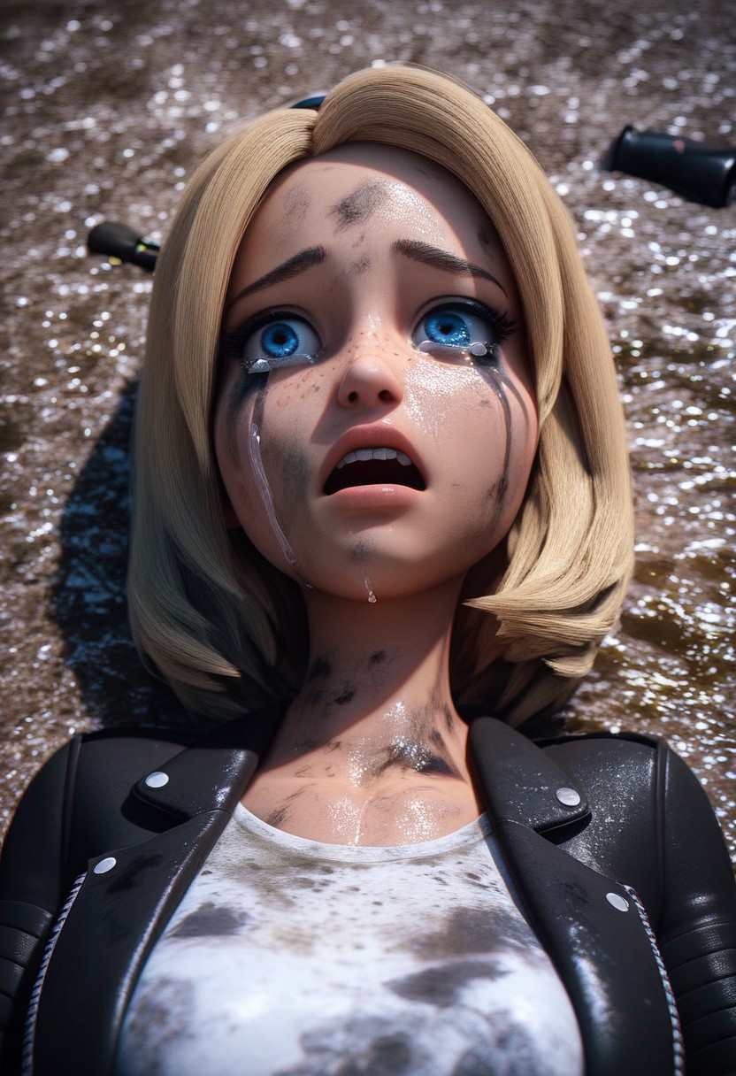 ahe_gao ai_generated blonde_hair blue_eyes crying defeated dirty dirty_clothing jacket leather_jacket lots_of_mess lying medium_hair miraculous_ladybug open_mouth peeing peeing ruined_makeup runny_makeup urination urine white_shirt zoe_lee