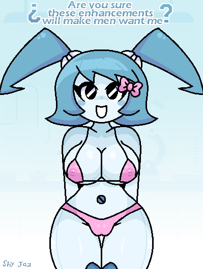 bikini bikini_bottom bikini_top black_eyes blue_hair blush bow happy jenny_wakeman my_life_as_a_teenage_robot pink_bikini robot robot_girl shy_jaz smile text xj-9