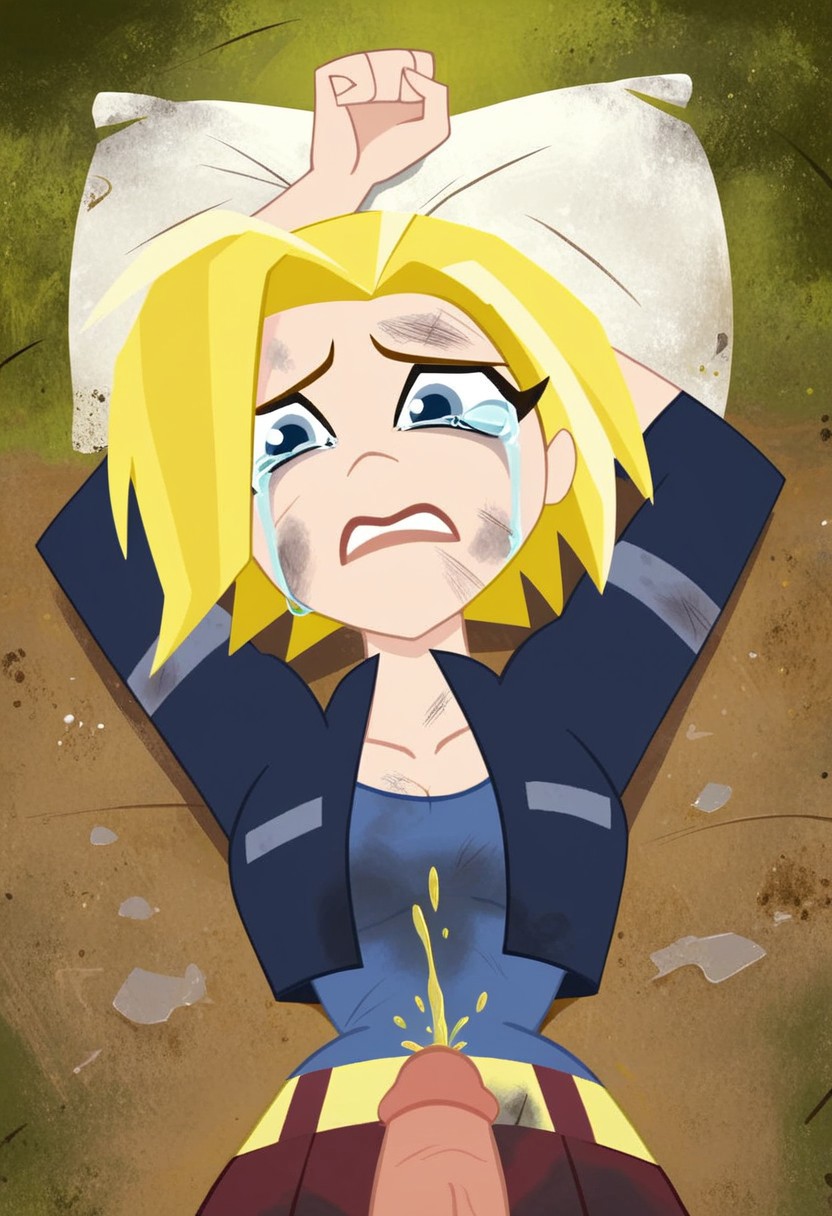 ai_generated blonde_hair blue_eyes cartoon_network crying dc dc_comics dc_super_hero_girls defeated dirty dirty_clothing jacket kara_danvers lying peeing penis pillow rape sex short_hair slut supergirl teeth urine wet