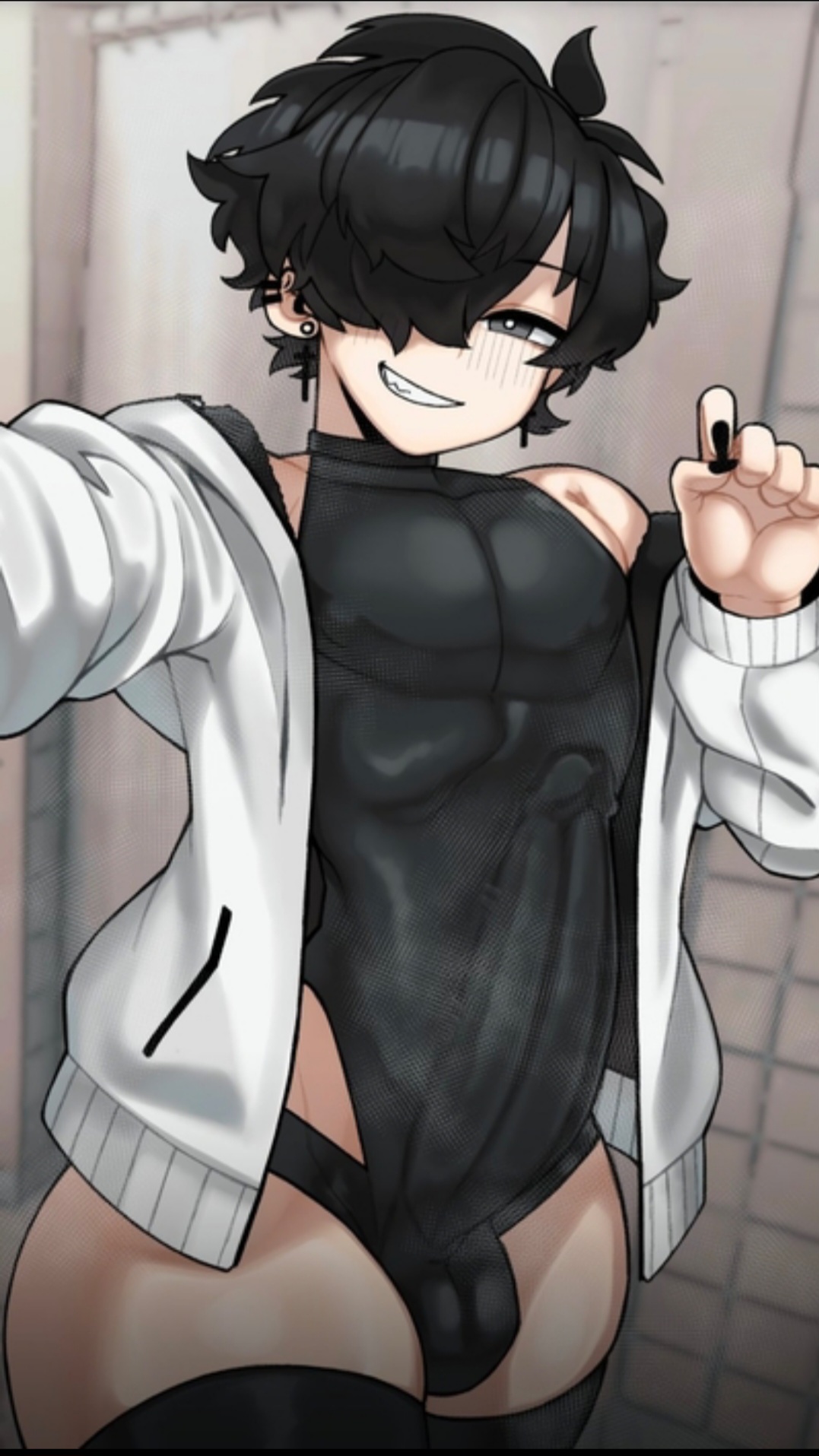 black hair, erection under clothes, femboy, large penis, male, male focus, male only, penis, short hair, tagme, tagme (artist)