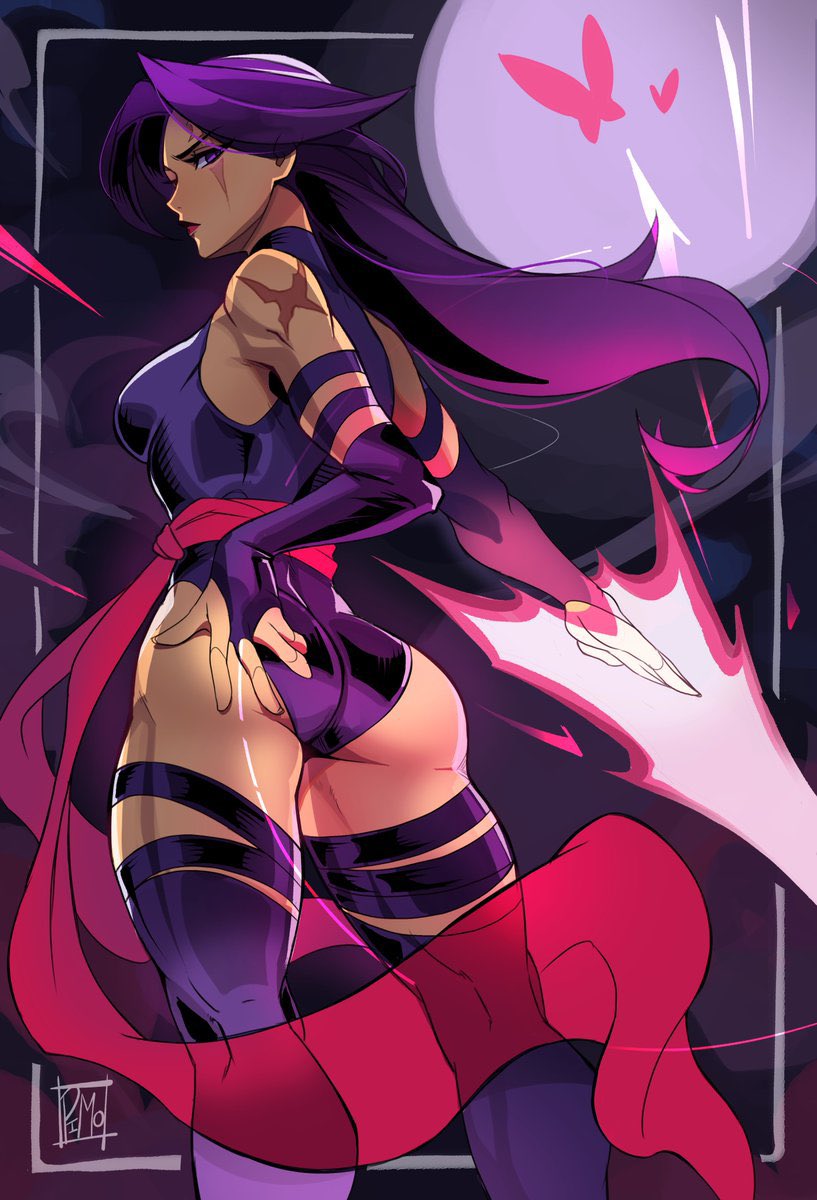 1girls, 2024, 2d, 2d (artwork), artist signature, ass, ass focus, butterflies, butterfly, energy, esper, female, female only, long hair, looking at viewer, looking back at viewer, marvel, marvel comics, moon, pimozzarella, powers, psylocke (kwannon), questionable, scar, scar on arm, scar on face, solo, solo female, standing, straight hair, thighhighs, x-men