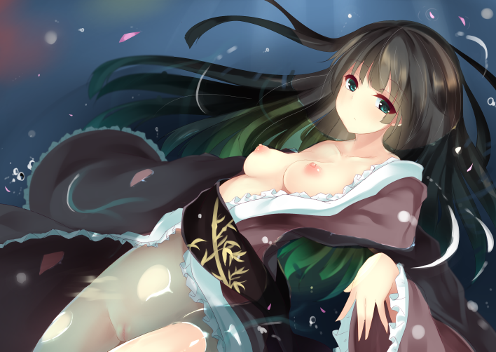 afloat alternate_eye_color bangs black_hair blue_eyes blunt_bangs blush breasts collarbone cowboy_shot female frilled_sleeves frills japanese_clothes kaguya_houraisan kimono long_hair long_sleeves medium_breasts mikagemaru_(mikage000) nipples open_clothes open_kimono partially_submerged petals pussy solo touhou very_long_hair water wide_sleeves