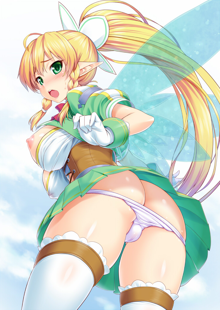 alfheim_online ass blonde_hair blush braid breasts corset elf fairy fairy_wings female gloves green_eyes hair_ribbon kawase_seiki large_breasts leafa long_hair looking_back nipples open_mouth panties pantyshot pointy_ears ponytail puffy_short_sleeves puffy_sleeves ribbon short_sleeves simple_background skirt solo sword_art_online sword_art_online:_fairy_dance sylph thighhighs tied_hair twin_braids underwear upskirt very_long_hair white_gloves white_legwear white_panties wings