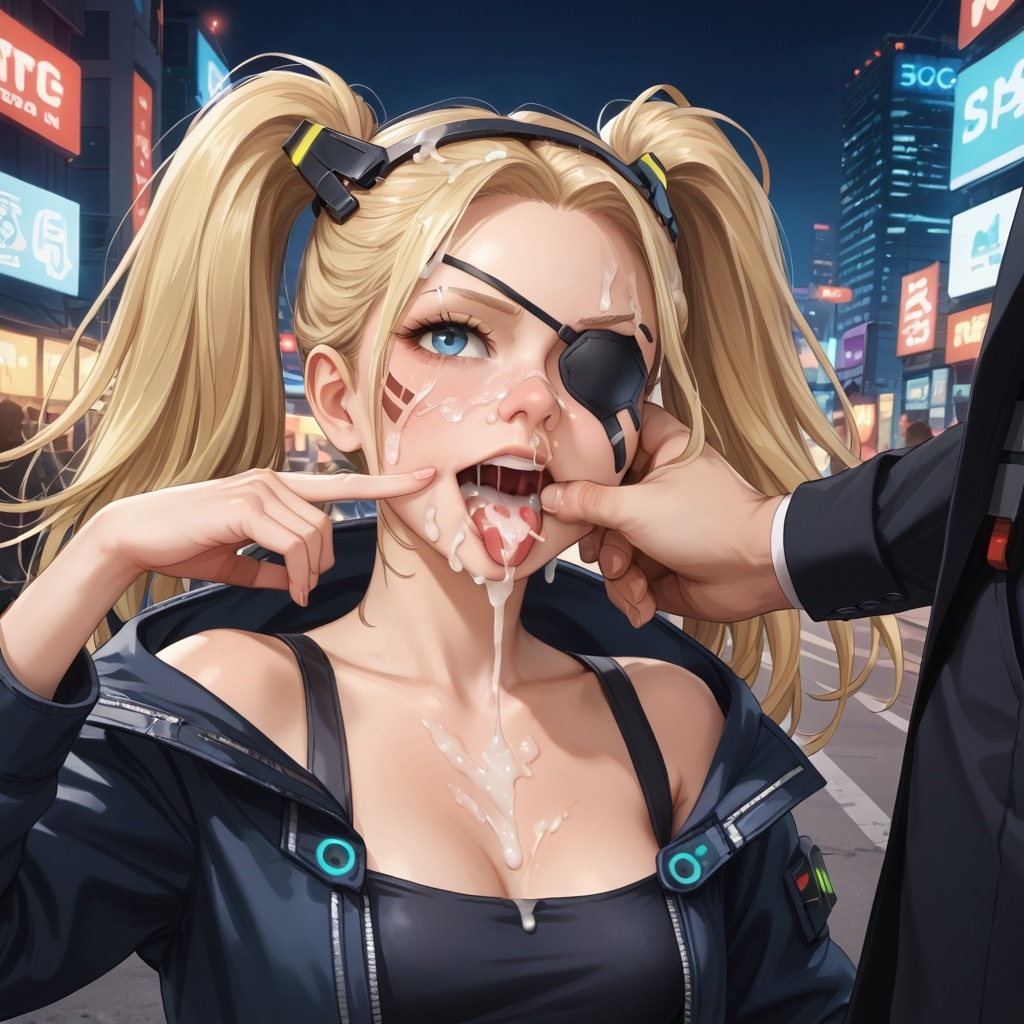 1girls after_fellatio ai_generated blonde_hair cum cum_in_mouth cum_on_body cum_on_breasts cum_on_face cumshot eyepatch lioram00n original_character twintails zara