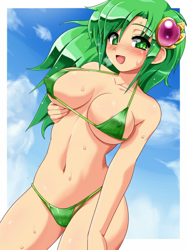 bikini blush breasts fair-skinned_female fair_skin female final_fantasy final_fantasy_iv green_eyes green_hair konpeto large_breasts light-skinned_female light_skin nipples open_mouth outdoors photoshop rydia sky smile solo sweat swimsuit