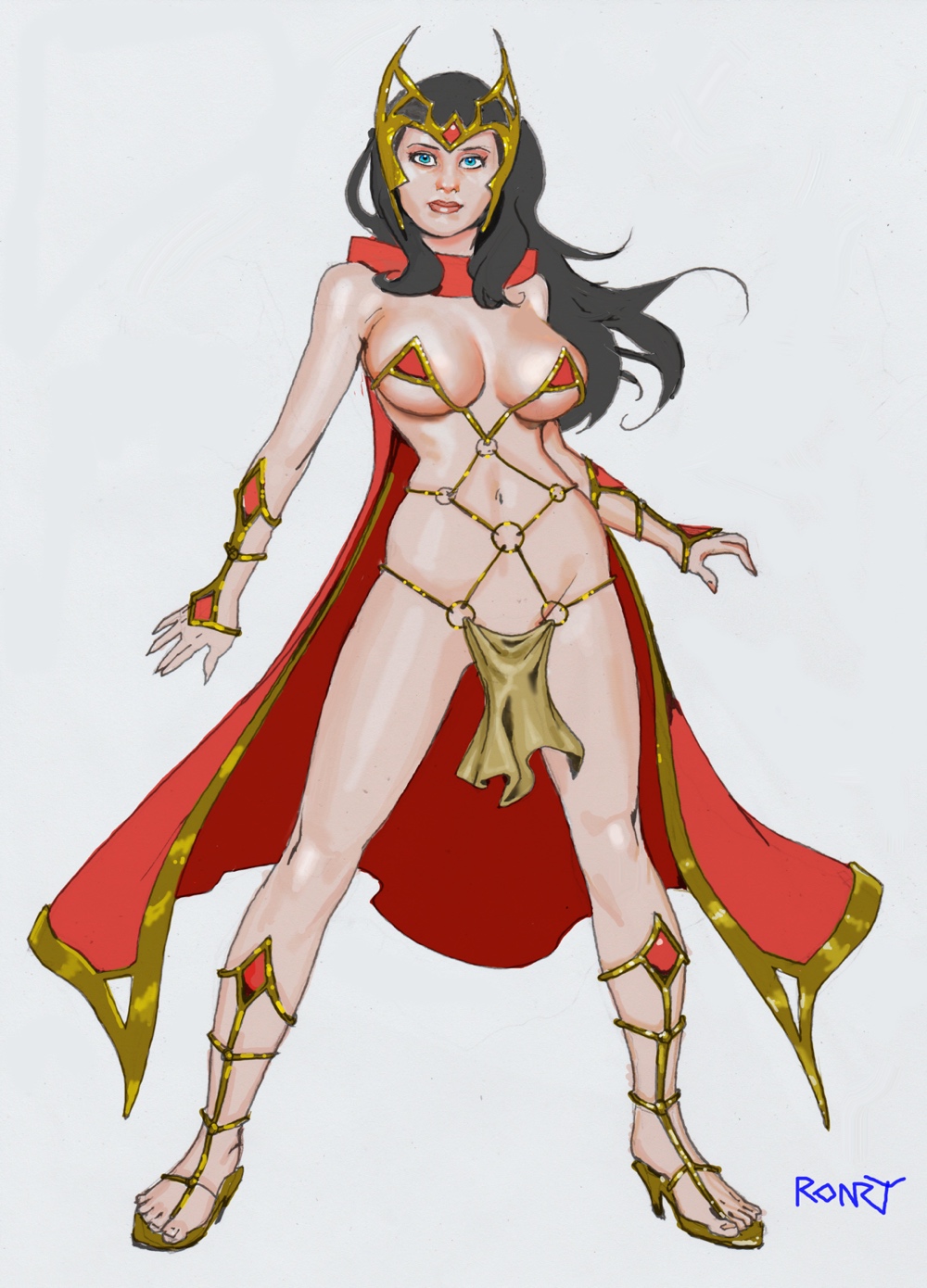 1girls avengers black_hair blue_eyes cape crossover_cosplay dejah_thoris_(cosplay) high_heels hourglass_figure john_carter_of_mars large_breasts loincloth long_hair marvel marvel_comics mutant_(marvel) revealing_clothes ronry_drawdude scarlet_witch voluptuous wanda_maximoff x-men