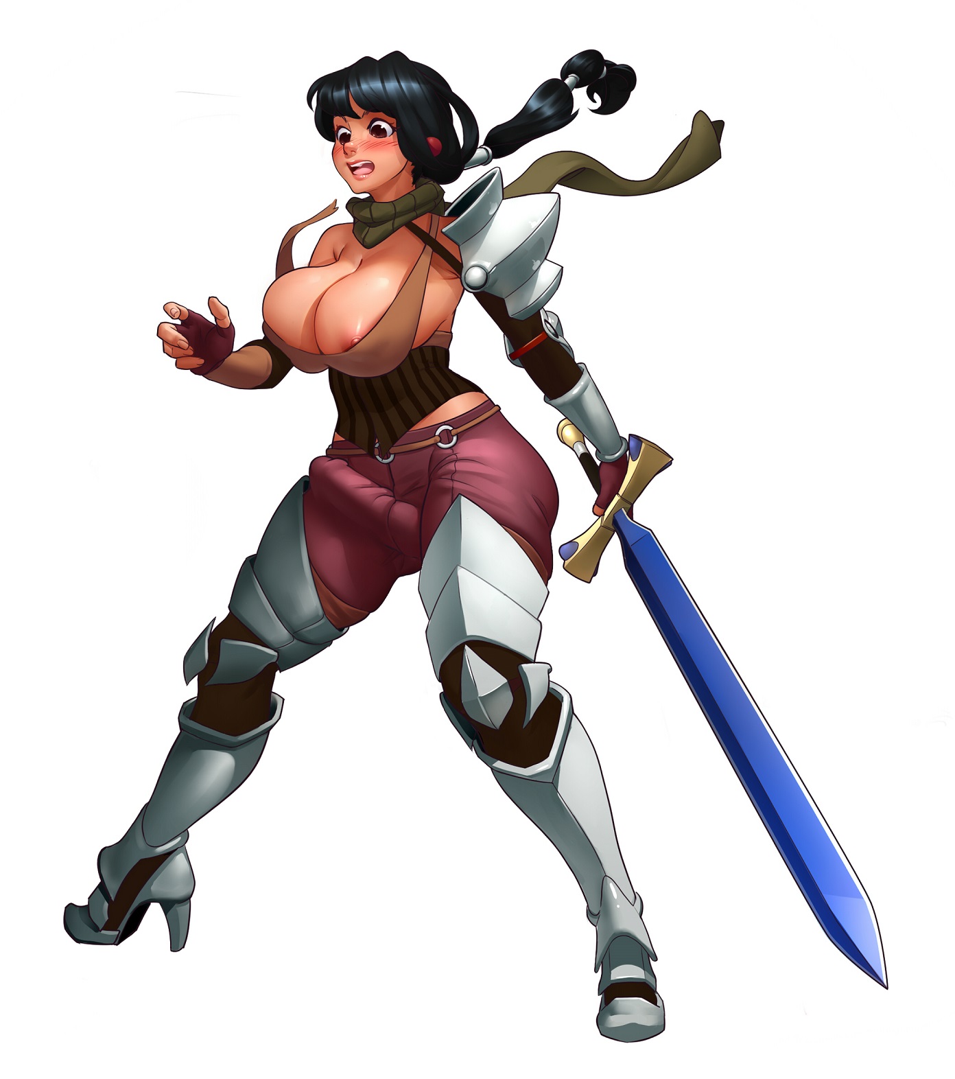 1futa, areolae, black hair, blush, boots, breasts, brown eyes, bulge, cameltail, cleavage, curvy, embarrassed nude futa, erect nipples, erection, erection under clothes, exposed, exposed nipples, final fantasy, final fantasy xi, full length, full-length portrait, futa only, futa sans balls, futanari, gloves, huge breasts, hume, intersex, kairuhentai, kairunoburogu, large penis, lockheart (oc), long hair, lost clothes, nipples, original character, penis, penis bulge, penis under clothes, portrait, scarf, sideboob, solo, solo futa, standing, sword, tenting, very long hair, wardrobe malfunction, warrior, weapon